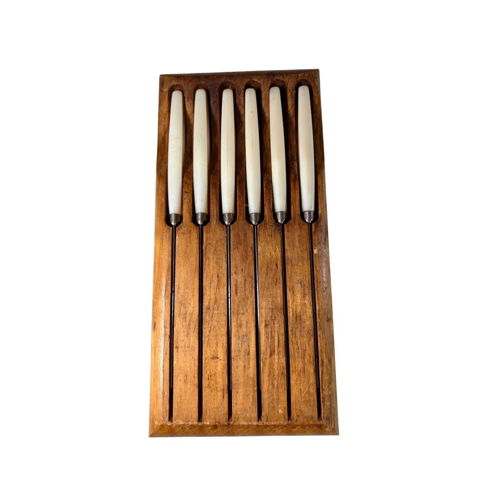 Regent Sheffield Vintage Steak Knife Set 6 Piece Serrated Stainless England Wood